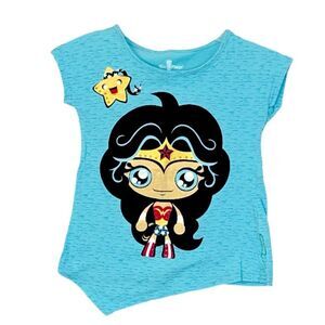Six Flags Wonder Woman Girls Graphic Print Blue Short Sleeve T Shirt Top 7/8